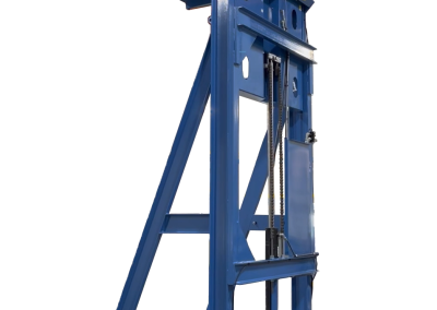 Tall lift and dump container dumper elevating a loaded container to a high discharge point, featuring a reinforced mast, guarded mechanical components, and a stable base--engineered for safe, efficient handling in plastics processing or recycling facilities.
