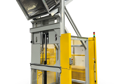 Side-load lift and dump unloads stainless steel carts. Features self-contained hydraulic motor/gear pump and modular cartridge-style valves for maintenance-friendly operation and reliable container discharge to either side.