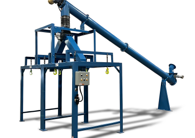Screw conveyor system with dual bulk bag filling station and pneumatic diverter, designed for transferring plastic dry bulk material, including homogenized pellets and regrinds, in recycling applications.